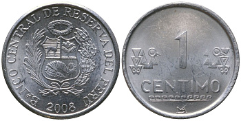 Перу 1 сентимо 2008 LIMA KM 303.4a, Schon 102a алюминий UNC 4532-1067