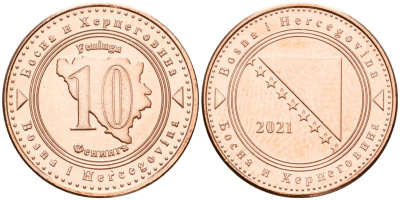 Босния и Герцеговина 10 фенигов 2021 KM 115 сталь плакированная медью UNC 4602-1018