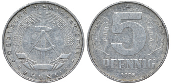 ГДР 5 ПФЕННИГОВ 1975 A KM 9.1 алюминий 62-317