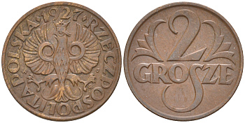 ПОЛЬША 2 ГРОША 1927 w KM 9a бронза 187-561