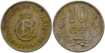Люксембург 10 сантимов 1924 Шарлотта (1918-1964) KM 34 медно-никель 4575-926