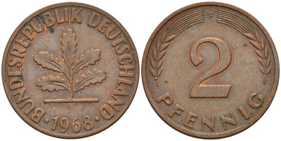 ФРГ 2 пфеннига 1968 F J.381a KM 106a сталь плакированная медью    4598-756