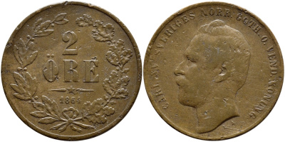Швеция 2 эре 1864 Карл XV (1859-1872) KM 706 бронза 1530-844