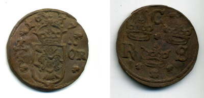 Швеция 1/4 эре 1637 Кристина (1632-1654), была в обращении на территории России KM 160 медь 53-1243