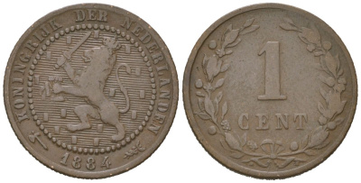 Нидерланды 1 цент 1884 Виллем III (1849-1890) KM 107 бронза 4154-458