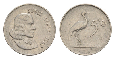 ЮАР 5 центов 1967 Ян ван Рибек (1619-1677), South Africa, легенда на англинском, райский журавль KM 67.1 никель 4621-251