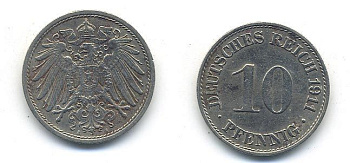 ГЕРМАНИЯ 10 ПФЕННИГОВ 1911 A KM 12, J. 13 медно-никель 58-345