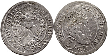 АВСТРИЯ 3 КРЕЙЦЕРА 1696 С.В., ЛЕОПОЛЬД I (1658-1705) KM 1287 серебро 560-812