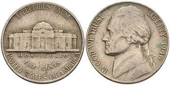 США 5 центов 1946 Джефферсон KM А192 медно-никель 92-952