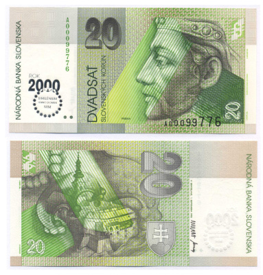 СЛОВАКИЯ 20 КРОН 2000 1 СЕНТЯБРЯ 1993, СЕРИЯ А, ПРИНЦ ПРИБИНА, НАДПЕЧАТКА 2000 ГОДА Pick 34 бумага UNC (ПРЕСС) 8588-83-2-1