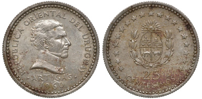 Уругвай 25 сентесимо 1960 KM 40 медно-никель 4169-835