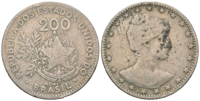 Бразилия 200 реалов 1901 MCMI, голова свободы вправо KM 504 медно-никель 4612-117