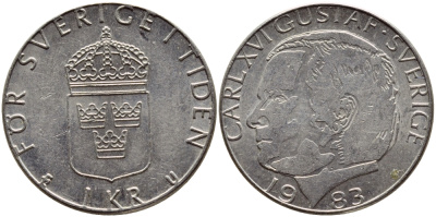 Швеция 1 крона 1983 Карл XVI Густав (1973- ) KM 852a медно-никель 4397-1124