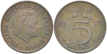 Нидерланды 5 центов 1975 Юлиана (1949-1980) KM 181 бронза 213-1133