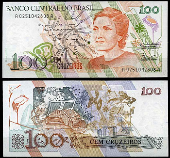 Бразилия 100 крузейро 1990 серия A 0251, Сесилия Мейреллеш Pick 228 бумага UNC (пресс) 2197-42-1-1