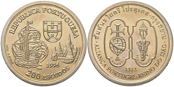 Португалия 200 эскудо 1996 Альянс Португалии и Сиама 1512 года KM 689 медно-никель UNC 74-732