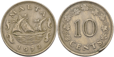 Мальта 10 центов 1972 баржа Великого магистра KM 11 медно-никель 82-535