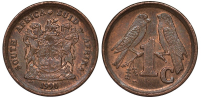 ЮАР 1 цент 1990 воробьи KM 132 сталь плакированная медью 4124-566