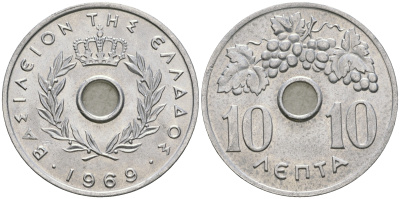 Греция 10 лепта 1969 Константин II (1964-1973), виноградная гроздь KM 78 алюминий UNC 08-1124
