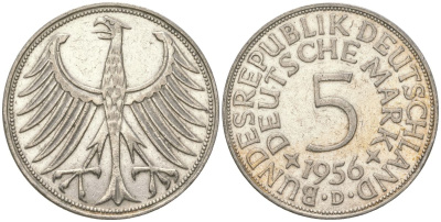 ФРГ 5 марок 1956 D KM 112 серебро 117-636