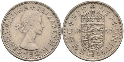 Великобритания 1 шиллинг 1957 Елизавета II (1952-2022), Английский герб KM 904, Spink 4147 медно-никель 4586-937