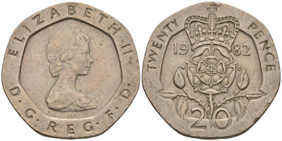 Великобритания 20 пенсов 1982 Елизавета II (1952-2022) KM 931, Spink 4230 (G1) медно-никель    4603-1015
