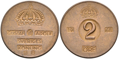 Швеция 2 эре 1968 U, Густав VI Адольф (1950-1973) KM 821 бронза 4364-1323