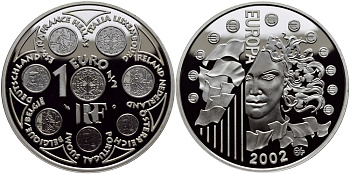 Франция 1 1/2 евро 2002 введение евро KM 1301 серебро PROOF 1068-10-53