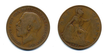 Великобритания 1 пенни 1921 Георг V (1910-1936) KM 810, Spink 4051 бронза 47-524