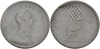 Великобритания 1/2 пенни 1806 Георг III (1760-1820) KM 662, Spink 3781 медь 32-214