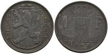 Бельгия 1 франк 1945 Belgie - Belgique, Леопольд III (1934-1947), германская оккупация, Вторая мировая война KM 128 цинк 4161-553