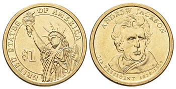 США 1 доллар 2008 Президент США - Эндрю Джексон (1829-1837) KM 428 медь с марганцево-латунным покрытием UNC 4666-944