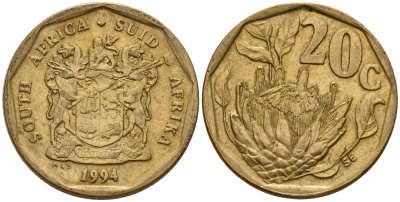 ЮАР 20 центов 1994 герб, цветок протея KM 136 сталь плакированная латунью 4154-1137