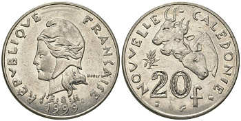 Французская Новая Каледония 20 франков 1999 три быка, (IEOM) KM 12, Schoen 14, Lec 115c никель 81-343
