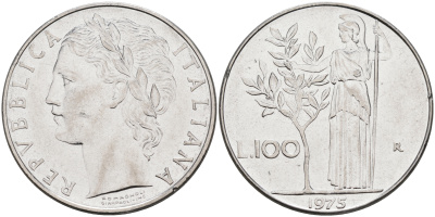 Италия 100 лир 1973 R, Афина KM 96.1 нержавеющая сталь 4117-331