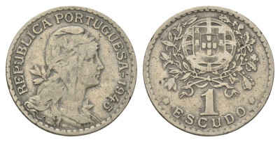 Португалия 1 эскудо 1945 голова Свободы вправо KM 578 никель латунь    4660-345