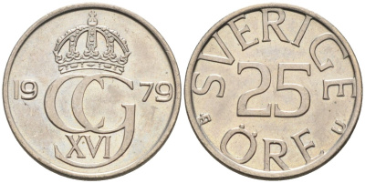 Швеция 25 эре 1979 Карл XVI Густав (1973- ) KM 851 медно-никель UNC 4585-523
