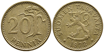 Финляндия 20 пенни 1972 S КМ 47 алюминиевая бронза 56-852