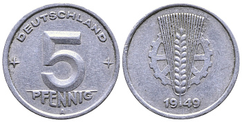 ГДР 5 ПФЕННИГОВ 1949 А KM 2 алюминий 26-842