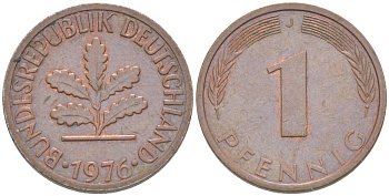 ФРГ 1 ПФЕННИГ 1976 J KM 105, J. 380 сталь плакированная медью 4181-621