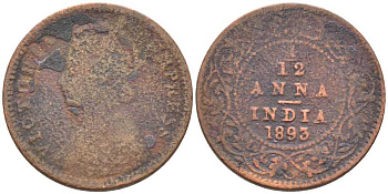 ИНДИЯ БРИТАНСКАЯ 1/12 АННА 1893 КОРОЛЕВА ВИКТОРИЯ, ИМПЕРСКАЯ ЧЕКАНКА KM 483 медь 116-922