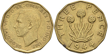 Великобритания 3 пенса 1944 Георг VI (1936-1952) KM 849, Spink 4112 никель латунь 190-642