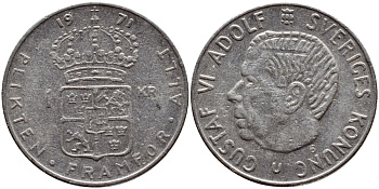 Швеция 1 крона 1971 Густав VI Адольф (1950-1973) KM 826a медь плакированная медно-никелем 4388-1234