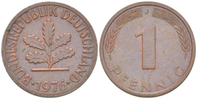 ФРГ 1 ПФЕННИГ 1976 J KM 105, J. 380 сталь плакированная медью 4181-621