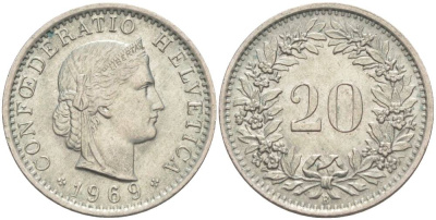 Швейцария 20 раппенов 1969 В KM 29а медно-никель 55-856