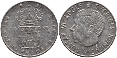 Швеция 1 крона 1971 Густав VI Адольф (1950-1973) KM 826a медь плакированная медно-никелем 4388-1234