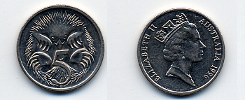 АВСТРАЛИЯ 5 ЦЕНТОВ 1996 ЕЛИЗАВЕТА II, ВТОРОЙ ПОРТРЕТ В КОРОНЕ, ЕХИДНА KM 80 медно-никель 62-2765