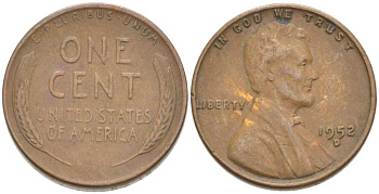 США 1 ЦЕНТ 1952 D, ЛИНКОЛЬН KM А132 медь цинк 218-245