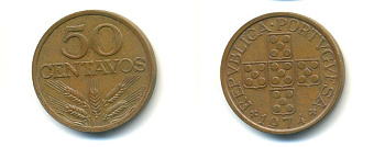 ПОРТУГАЛИЯ 50 СЕНТАВО 1974 KM 596 бронза 80-411