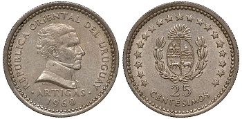 Уругвай 25 сентесимо 1960 KM 40 медно-никель 4169-1019